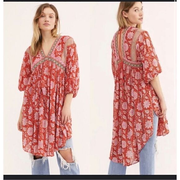 Free People moon child printed crochet inset colorful maxi top M - Picture 1 of 12